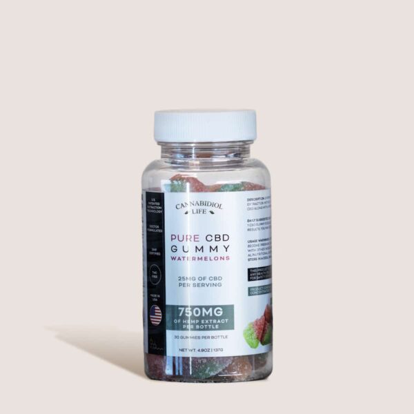 Uma garrafa de gomas de melancia Cbd da vida canabidiol oferecendo um total de 750 mg de CBD.