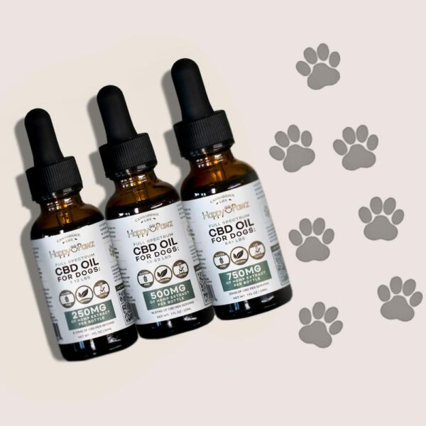 Tres botellas de aceite de Cbd de alta calidad para perros de Happy Pawz
