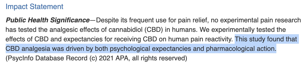 Screenshot of the positive conclusion from a medical study that shows CBD helps with pain relief
