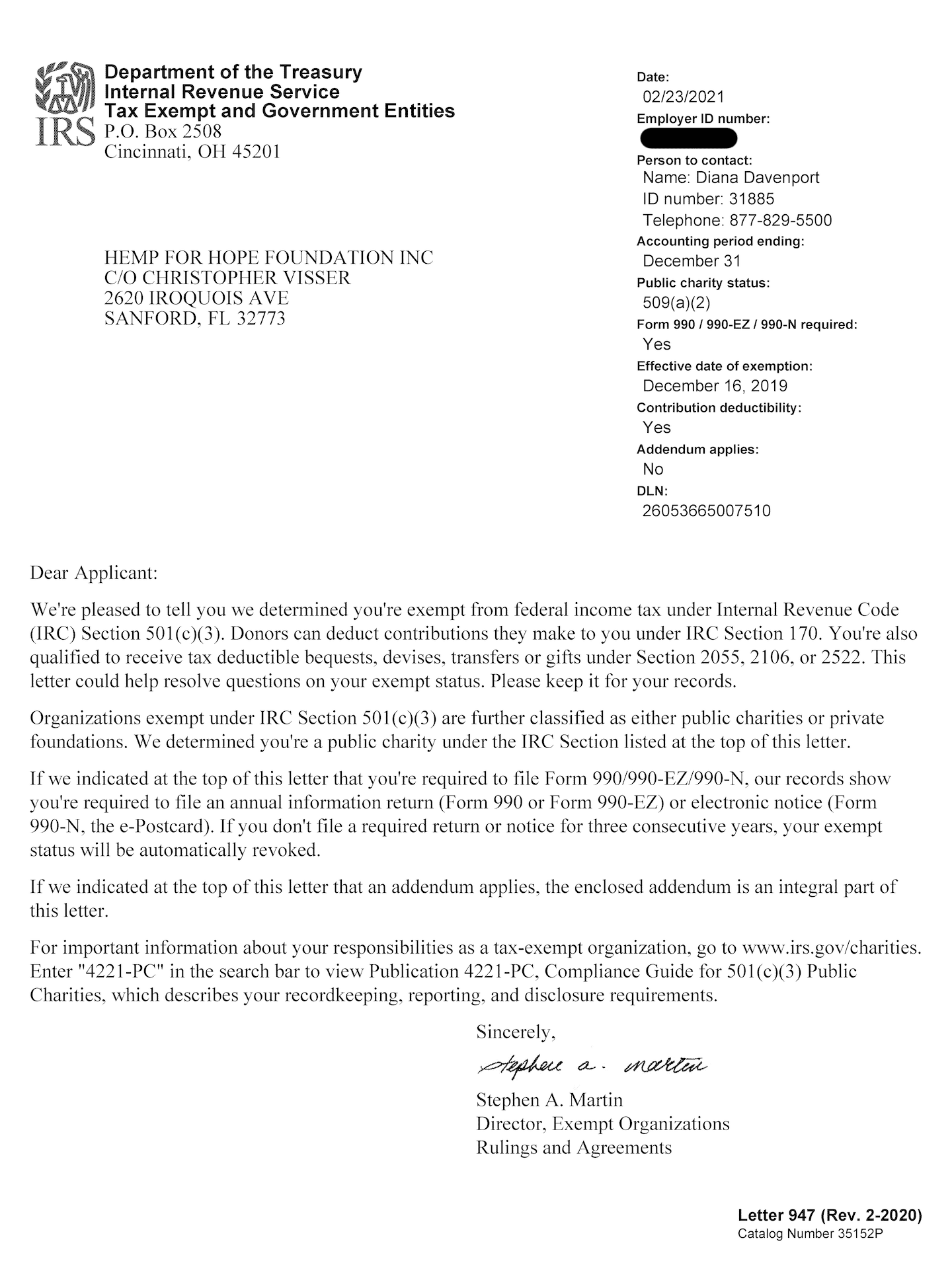 501c3 Certification For Cannabidiol Life's Non-Profit Organization called the 'Hemp For Hope Foundation'.