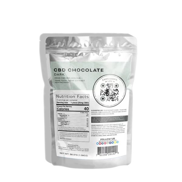 Cannabidiol Life Cbd Dunkle Schokolade – 75 mg Gesamthanfextrakt pro Packung – 25 mg Cbd pro Portion