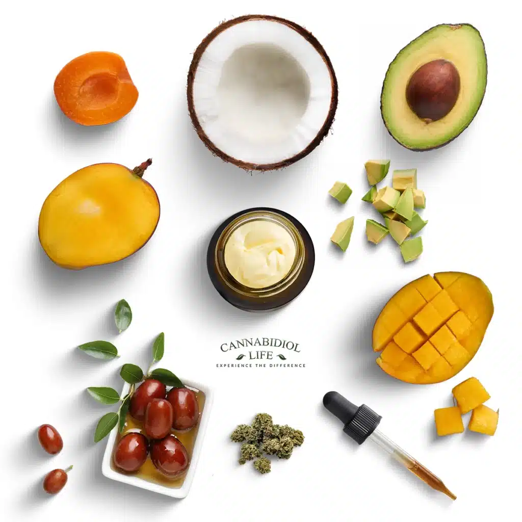 On A White Background, You'll See Real Fruit And Organic Ingredients Such As Mango Seed, Mango Butter, Coconut, Avocado, Full Spectrum Cbd Oil, Jojoba, Apricot, And Hemp Buds.