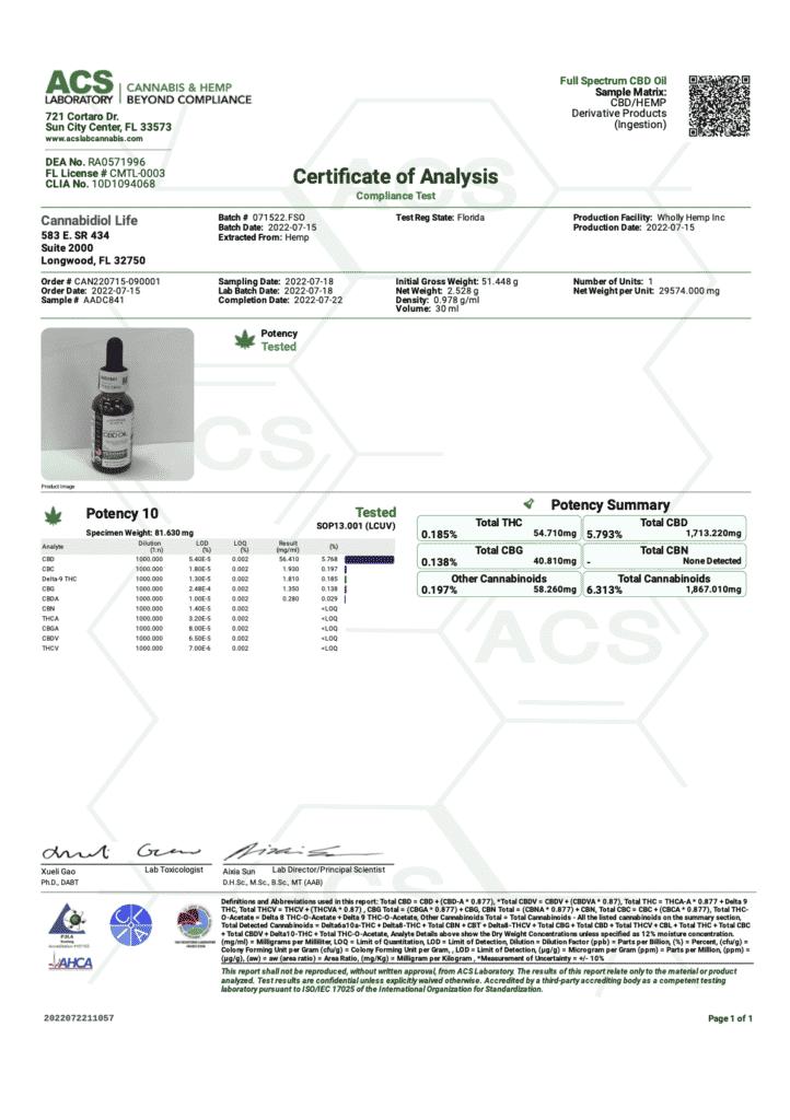 CBD Oil - COA - Batch 071522.FSO
