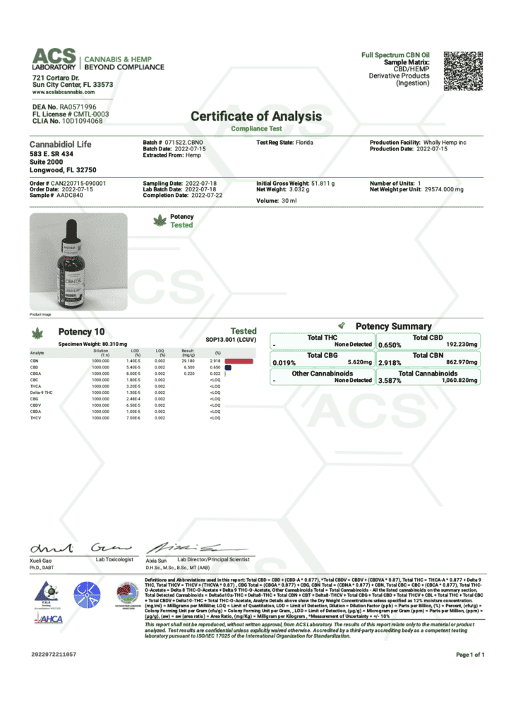 Aceite CBN - COA - Lote 071522.CBNO
