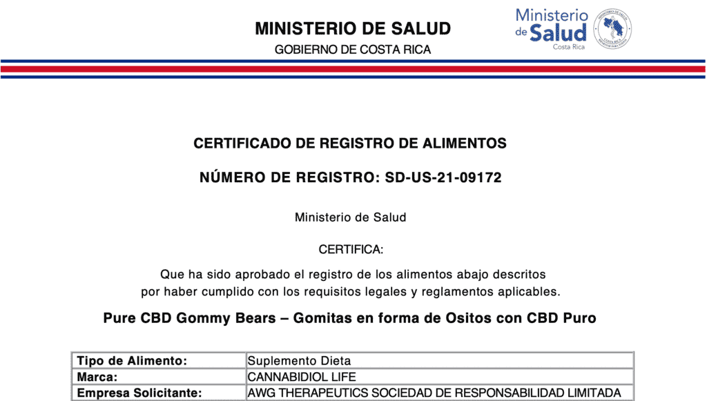 Certificado de Registro de Gomas CBD do Ministério da Saúde da Costa Rica