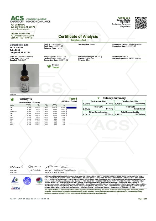 third party lab test | 2023 | cbd oil for large dogs | batch id 110722.LPO