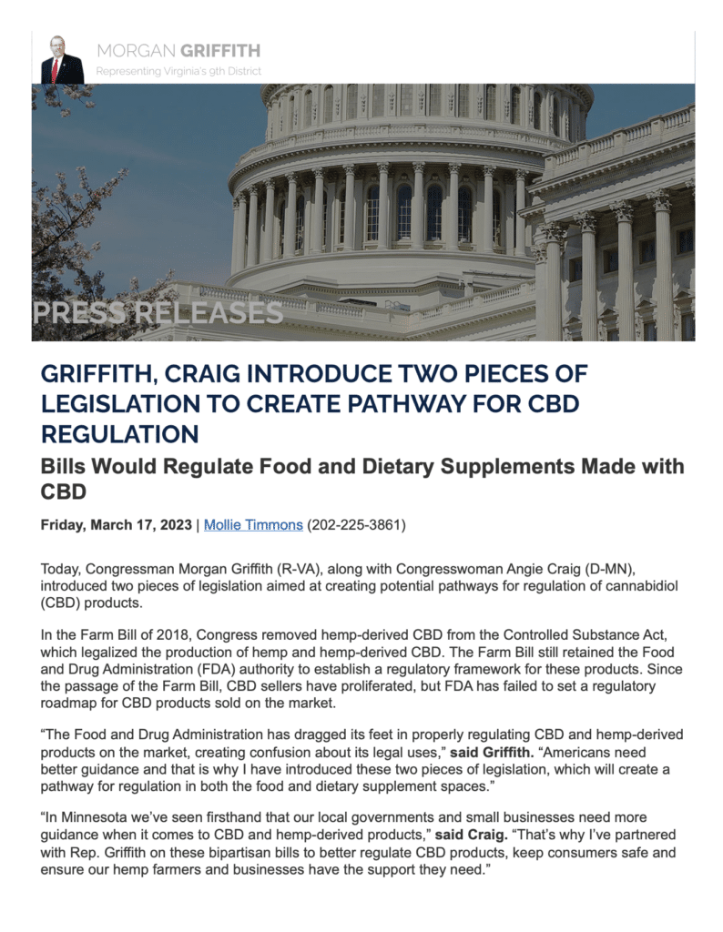 Griffith Craig presenta dos piezas de legislación para crear un camino para la regulación de la CDB Congresista Morgan Griffith