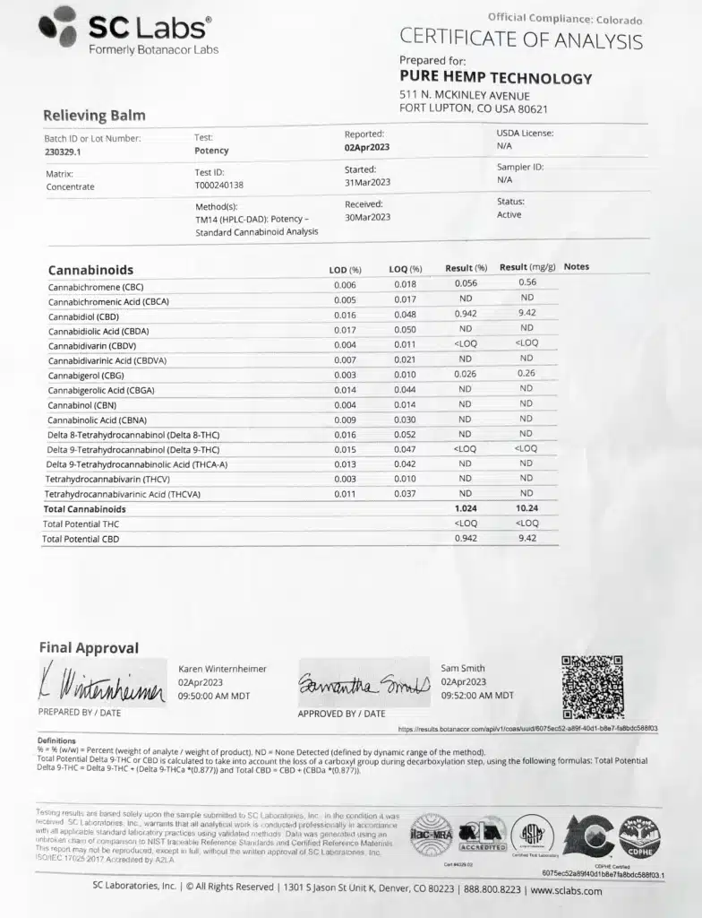 A Certificate of analysis for a lab test completed in March 2023 for Cannabidiol Life's CBD Muscle Rub, which verifies accurate cannabinoid potency levels for CBD and certifies that the CBD muscle rub is within the federal legal limits of Delta-9 THC.