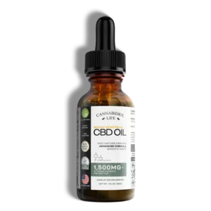 Broad spectrum cbd oil 1500 mg 1 oz cannabidiol life which is a a brown amber glass bottle with black squeeze dropper on transparent background.