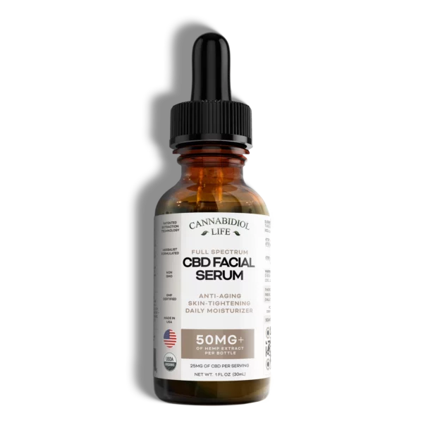 Cbd Facial Serum Anti Aging 50 Mg 1 Oz Cannabidiol Life Which Is A A Brown Amber Glass Bottle With Black Squeeze Dropper On Transparent Background.