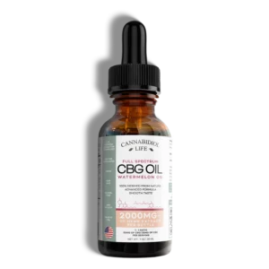 cbg oil watermelon 1 oz cannabidiol life which is a a brown amber glass bottle with black squeeze dropper on transparent background.
