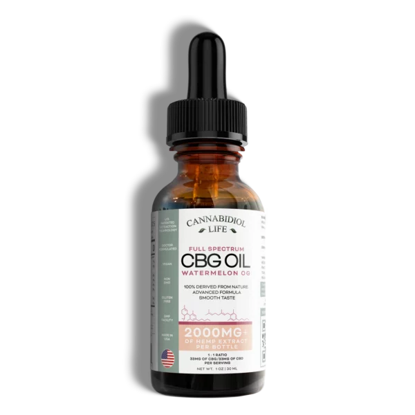 Cbg Oil Watermelon 1 Oz Cannabidiol Life Which Is A A Brown Amber Glass Bottle With Black Squeeze Dropper On Transparent Background.