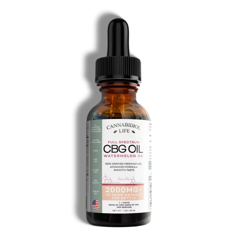 cbg oil watermelon 1 oz cannabidiol life which is a a brown amber glass bottle with black squeeze dropper on transparent background.