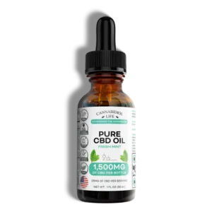 A bottle of mint-flavored Pure CBD Oil 1,500 mg by Cannabidiol Life on a transparent background and shadowing indicating the bottle is laying on its side. The bottle is an amber glass bottle with a black squeezable dropper. Label is white with mint green accents.