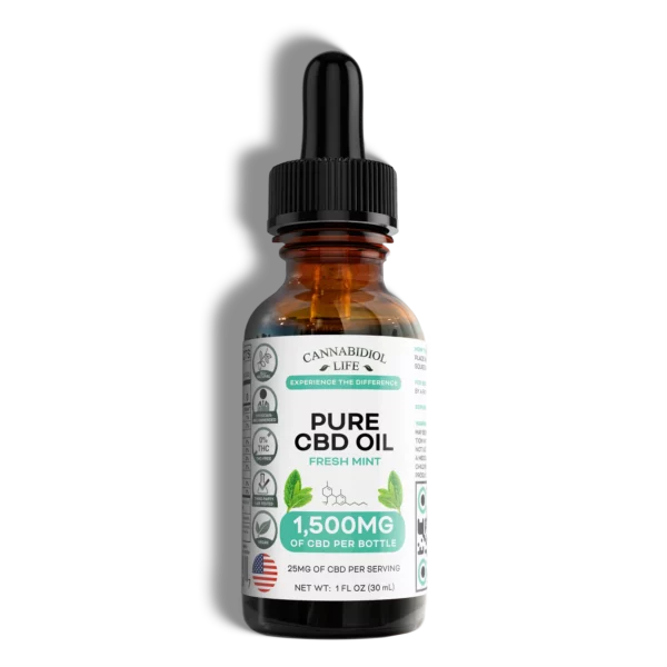 A Bottle Of Mint-Flavored Pure Cbd Oil 1,500 Mg By Cannabidiol Life On A Transparent Background And Shadowing Indicating The Bottle Is Laying On Its Side. The Bottle Is An Amber Glass Bottle With A Black Squeezable Dropper. Label Is White With Mint Green Accents.