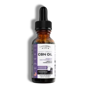 Sweet Dreams CBN-Öl 1 Unze Cannabidiol Life, eine braune bernsteinfarbene Glasflasche mit schwarzem Squeeze-Tropfer auf transparentem Hintergrund.