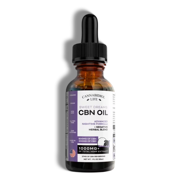 Sweet Dreams Cbn Oil 1 Oz Cannabidiol Life Which Is A A Brown Amber Glass Bottle With Black Squeeze Dropper On Transparent Background.