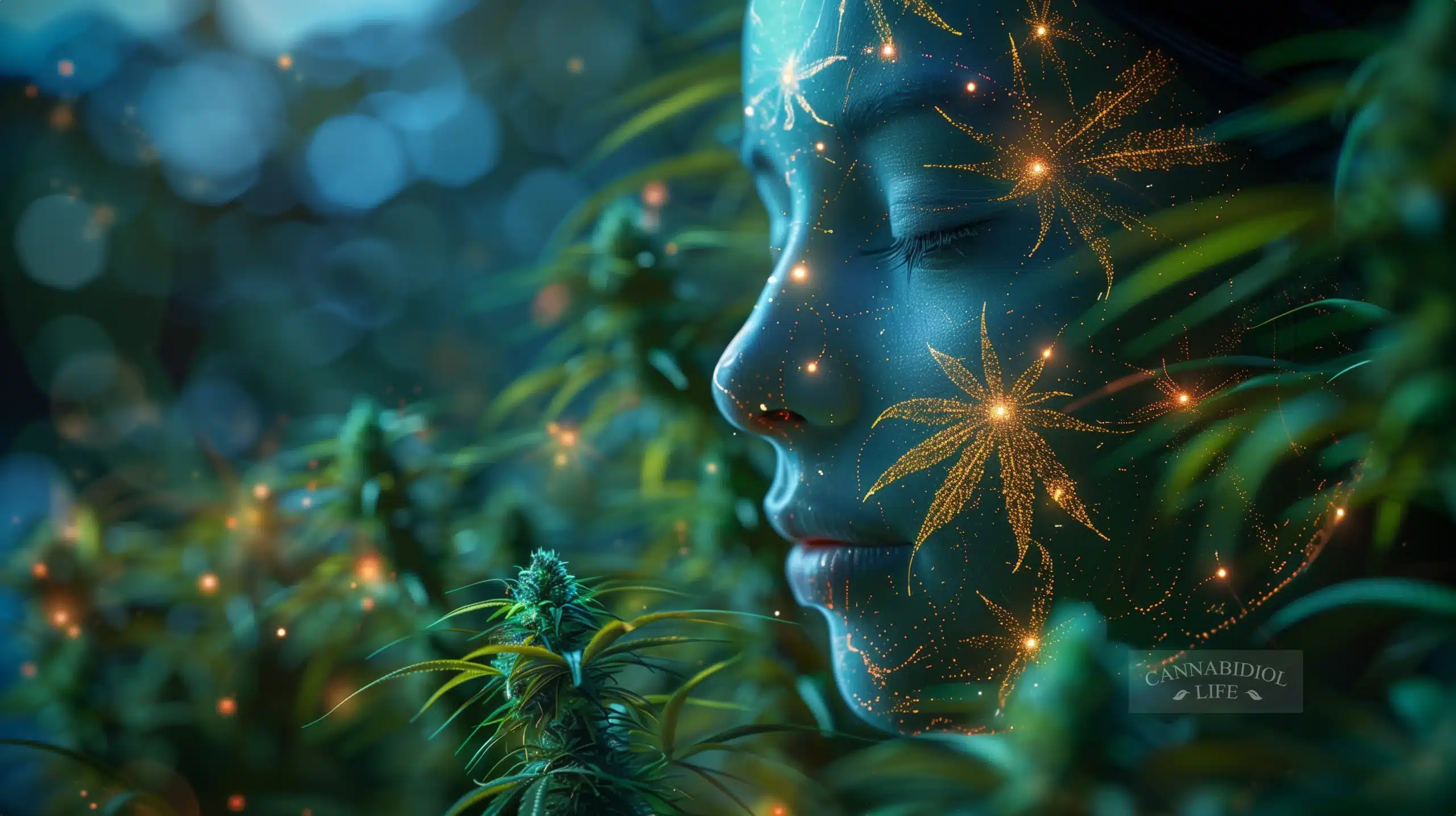 A woman's face with glowing cannabis leaf patterns, peacefully immersed in a field of cannabis plants, representing the connection with the endocannabinoid system.