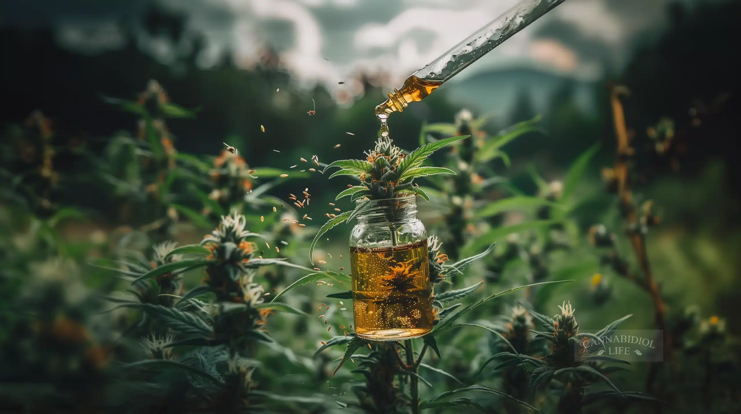 A dropper bottle of full-spectrum CBD oil being filled from a cannabis plant, symbolizing the entourage effect in the natural environment.