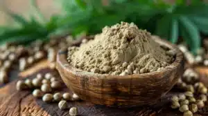 A wooden bowl filled with hemp protein powder and seeds, with fresh cannabis plants in the background.