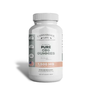 White medicine with a label adorned in light green and peach pastel colors. The label claims there are 60 organic pure CBG Gummies, totaling 1,500 MG of CBG total per bottle with 25 mg per gummy.