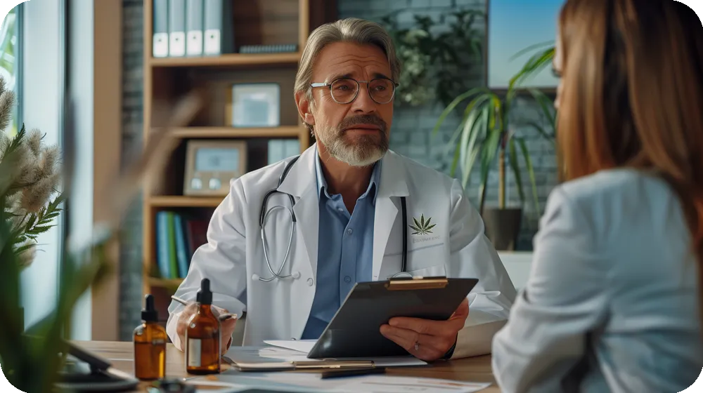 Mature male doctor in white coat and glasses holding a clipboard, attentively listening to a female patient in a modern office with medical cannabis emblem, surrounded by shelves and plant decorations.