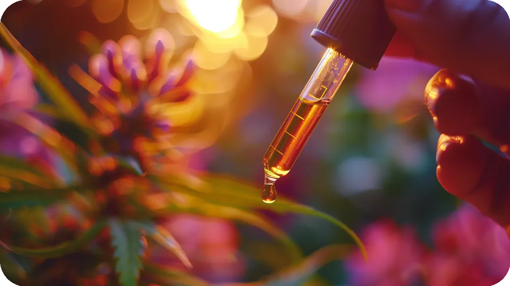 Close-up of a person extracting essential oil with a dropper from a fresh plant, illuminated by warm sunlight, highlighting the natural wellness and aromatherapy concept.