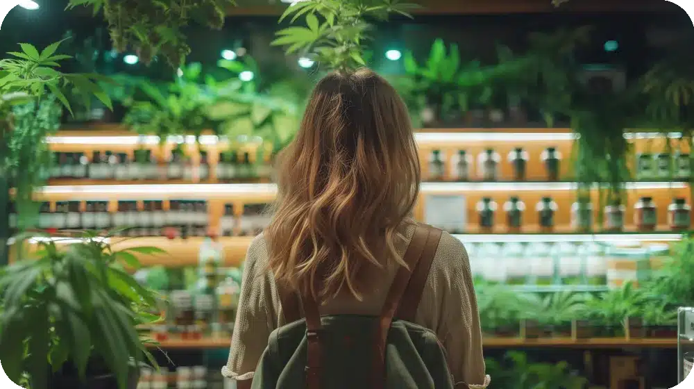 Woman with long hair standing in a modern cannabis dispensary, examining products on illuminated shelves surrounded by lush cannabis plants, portraying a clean and professional atmosphere focused on wellness and botanical treatments.