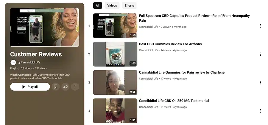 Cannabidiol Life Youtube Playlist Showing Customer Video Reviews For Cbd Products, Including Capsules, Gummies And Oils For Pain Relief And Arthritis