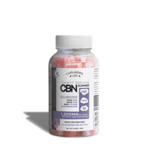 One bottle of Cannabidiol Life's new 2025 Full Spectrum CBN gummies offering 30 strawberry-flavored, cubed-shaped gummies that contain 40 mg of cannabinoids per gummy (10mg CBN, 25mg CBD, and 5mg of CBG).