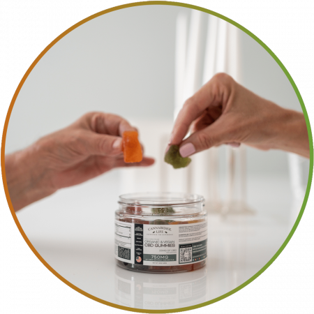 Two pairs of hands holding and sharing full-spectrum organic CBD gummies.